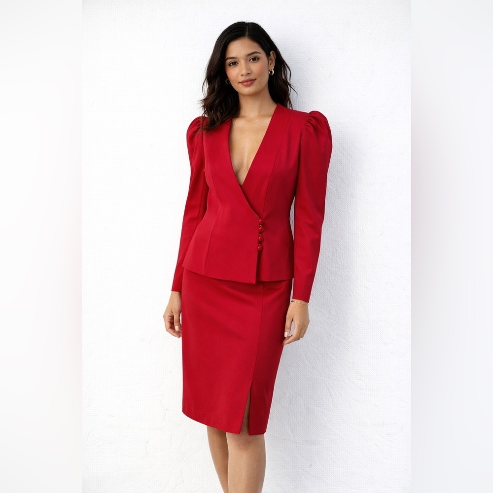 Vintage Frank Usher Red Office Core UK 38 Suit Skirt Set Blazer Pencil Skirt